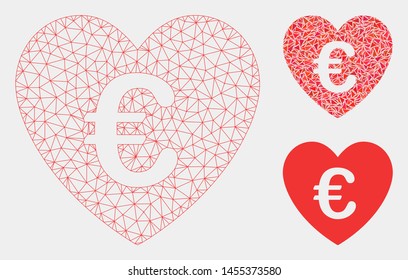 Mesh Euro love heart model with triangle mosaic icon. Wire carcass triangular mesh of Euro love heart. Vector mosaic of triangles in variable sizes and color hues. Abstract 2d mesh Euro love heart,