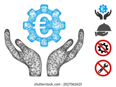 Mesh Euro maintenance hands web 2d vector illustration. Carcass model is based on Euro maintenance hands flat icon. Mesh forms abstract Euro maintenance hands flat carcass.