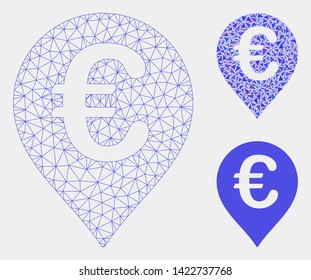 Mesh Euro map marker model with triangle mosaic icon. Wire frame polygonal mesh of Euro map marker. Vector mosaic of triangle elements in variable sizes and color tones.