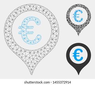 Mesh Euro map marker model with triangle mosaic icon. Wire frame polygonal mesh of Euro map marker. Vector composition of triangle elements in variable sizes and color tinges.