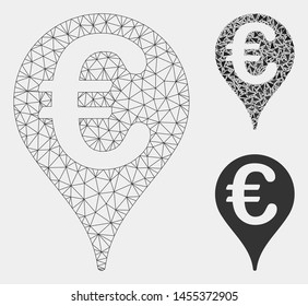 Mesh Euro map pointer model with triangle mosaic icon. Wire frame triangular mesh of Euro map pointer. Vector mosaic of triangle parts in variable sizes and color hues.