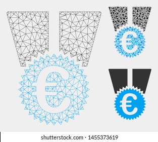 Mesh Euro medal model with triangle mosaic icon. Wire frame triangular mesh of Euro medal. Vector mosaic of triangle parts in variable sizes and color shades. Abstract flat mesh Euro medal,