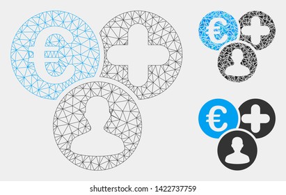 Mesh Euro medical expences model with triangle mosaic icon. Wire frame polygonal mesh of Euro medical expences. Vector mosaic of triangles in variable sizes and color shades.