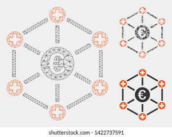 Mesh Euro medical network model with triangle mosaic icon. Wire carcass polygonal mesh of Euro medical network. Vector collage of triangle parts in variable sizes and color shades.