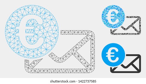 Mesh Euro message model with triangle mosaic icon. Wire frame triangular network of Euro message. Vector composition of triangle elements in variable sizes and color shades.