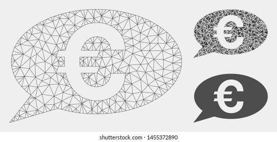 Mesh Euro message model with triangle mosaic icon. Wire carcass polygonal mesh of Euro message. Vector mosaic of triangle elements in various sizes and color tinges. Abstract 2d mesh Euro message,