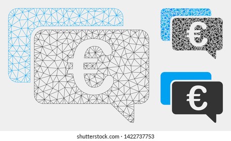 Mesh Euro messages model with triangle mosaic icon. Wire carcass triangular mesh of Euro messages. Vector mosaic of triangle parts in various sizes and color hues. Abstract 2d mesh Euro messages,