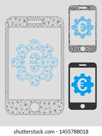 Mesh Euro mobile options model with triangle mosaic icon. Wire carcass triangular mesh of Euro mobile options. Vector mosaic of triangles in variable sizes, and color tinges.