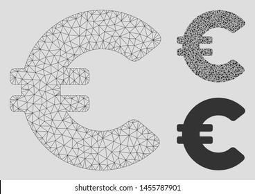 Mesh Euro model with triangle mosaic icon. Wire carcass triangular mesh of Euro. Vector mosaic of triangle elements in various sizes, and color tinges. Abstract 2d mesh Euro, designed with triangles.