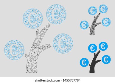 Mesh Euro money tree model with triangle mosaic icon. Wire frame polygonal mesh of Euro money tree. Vector collage of triangle parts in various sizes, and color shades.