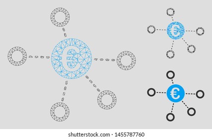 Mesh Euro network model with triangle mosaic icon. Wire frame triangular mesh of Euro network. Vector mosaic of triangle elements in variable sizes, and color tinges. Abstract flat mesh Euro network,