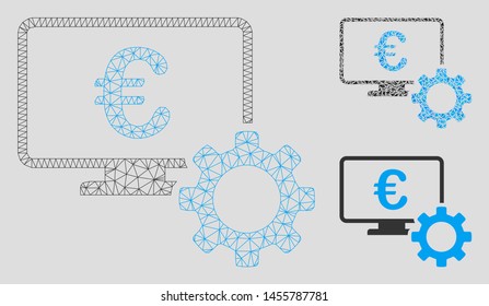 Mesh Euro online bank options model with triangle mosaic icon. Wire carcass polygonal mesh of Euro online bank options. Vector composition of triangle parts in various sizes, and color tinges.