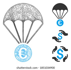 Mesh Euro parachute polygonal web icon vector illustration. Carcass model is based on Euro parachute flat icon. Triangle network forms abstract Euro parachute flat carcass.