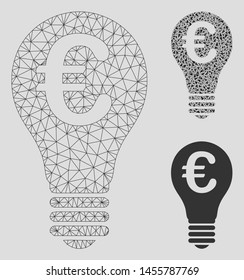 Mesh Euro patent model with triangle mosaic icon. Wire carcass triangular mesh of Euro patent. Vector mosaic of triangle parts in variable sizes, and color tones. Abstract flat mesh Euro patent,
