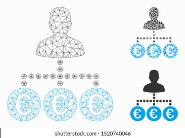 Mesh Euro payer model with triangle mosaic icon. Wire frame polygonal mesh of Euro payer. Vector mosaic of triangle elements in variable sizes, and color tints. Abstract 2d mesh Euro payer,