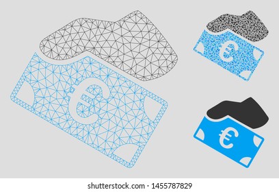 Mesh Euro payment model with triangle mosaic icon. Wire frame triangular mesh of Euro payment. Vector mosaic of triangle elements in various sizes, and color tints. Abstract flat mesh Euro payment,
