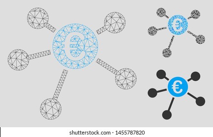Mesh Euro payments model with triangle mosaic icon. Wire frame triangular mesh of Euro payments. Vector mosaic of triangle elements in various sizes, and color shades. Abstract 2d mesh Euro payments,