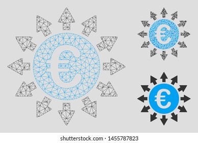 Mesh Euro payments model with triangle mosaic icon. Wire frame triangular network of Euro payments. Vector composition of triangle parts in variable sizes, and color hues.