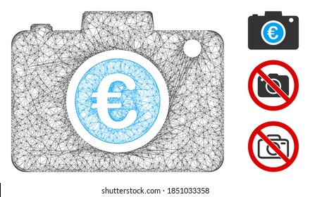 Mesh Euro photo polygonal web symbol vector illustration. Model is based on Euro photo flat icon. Triangular mesh forms abstract Euro photo flat model.