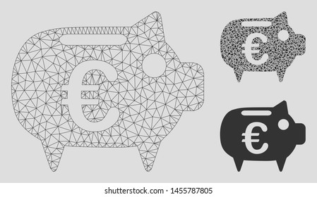 Mesh Euro piggy bank model with triangle mosaic icon. Wire frame triangular mesh of Euro piggy bank. Vector composition of triangles in various sizes, and color tinges.