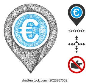 Mesh Euro pointer web 2d vector illustration. Model is based on Euro pointer flat icon. Mesh forms abstract Euro pointer flat model. wireframe 2D web network isolated on a white background.