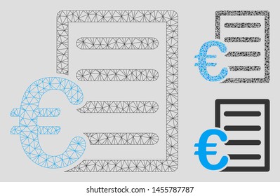 Mesh Euro pricelist model with triangle mosaic icon. Wire frame triangular mesh of Euro pricelist. Vector mosaic of triangle parts in different sizes, and color tinges.