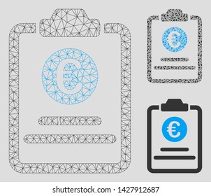 Mesh Euro prices pad model with triangle mosaic icon. Wire carcass triangular mesh of Euro prices pad. Vector composition of triangle elements in various sizes, and color tints.