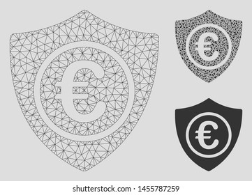 Mesh Euro protection model with triangle mosaic icon. Wire frame polygonal mesh of Euro protection. Vector composition of triangle elements in variable sizes, and color tints.