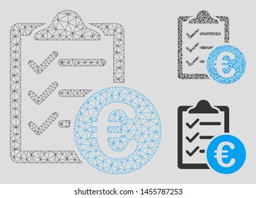 Mesh Euro purchase pad model with triangle mosaic icon. Wire frame polygonal mesh of Euro purchase pad. Vector composition of triangle parts in variable sizes, and color hues.