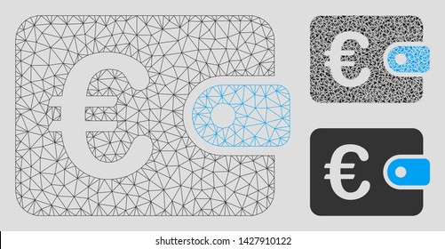 Mesh Euro purse model with triangle mosaic icon. Wire frame triangular mesh of Euro purse. Vector composition of triangle elements in different sizes, and color tones. Abstract 2d mesh Euro purse,