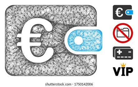 Mesh Euro purse web symbol vector illustration. Carcass model is based on Euro purse flat icon. Mesh forms abstract Euro purse flat carcass. Wire frame flat web network isolated on a white background.