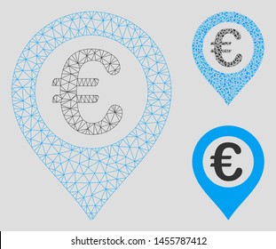 Mesh Euro pushpin model with triangle mosaic icon. Wire carcass polygonal network of Euro pushpin. Vector mosaic of triangle elements in variable sizes, and color tints.