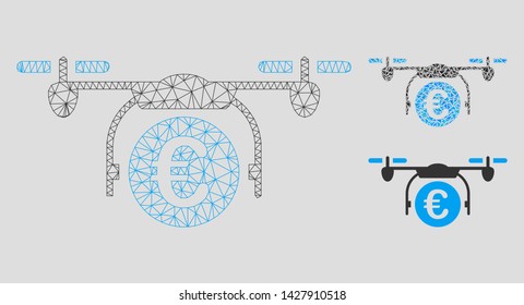 Mesh Euro quadcopter payment model with triangle mosaic icon. Wire carcass polygonal mesh of Euro quadcopter payment. Vector mosaic of triangle parts in variable sizes, and color tints.