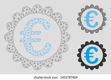 Mesh Euro quality model with triangle mosaic icon. Wire frame polygonal mesh of Euro quality. Vector mosaic of triangle elements in different sizes, and color hues. Abstract flat mesh Euro quality,