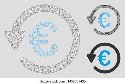 Mesh Euro rebate model with triangle mosaic icon. Wire frame polygonal mesh of Euro rebate. Vector mosaic of triangle elements in variable sizes, and color shades. Abstract 2d mesh Euro rebate,