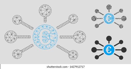 Mesh Euro relations model with triangle mosaic icon. Wire carcass triangular mesh of Euro relations. Vector collage of triangle elements in variable sizes, and color hues.