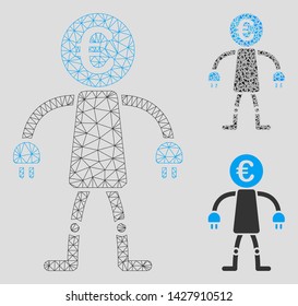 Mesh Euro robot model with triangle mosaic icon. Wire carcass triangular mesh of Euro robot. Vector mosaic of triangle parts in various sizes, and color shades. Abstract 2d mesh Euro robot,