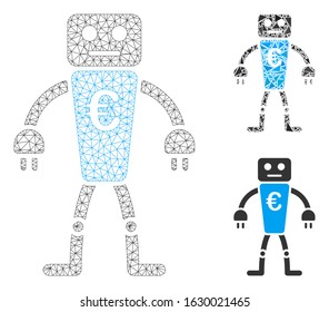 Mesh euro robot model with triangle mosaic icon. Wire frame triangular mesh of euro robot. Vector collage of triangle elements in different sizes, and color tones. Abstract flat mesh euro robot,