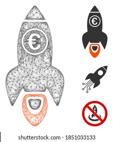 Mesh Euro rocket launch polygonal web icon vector illustration. Abstraction is based on Euro rocket launch flat icon. Triangular net forms abstract Euro rocket launch flat carcass.