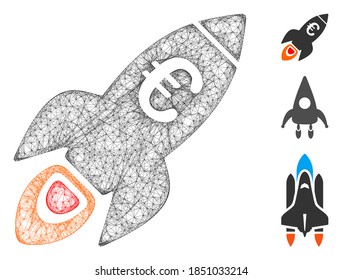 Mesh Euro rocket startup polygonal web icon vector illustration. Abstraction is based on Euro rocket startup flat icon. Triangle network forms abstract Euro rocket startup flat carcass.
