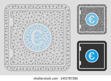 Mesh Euro safe model with triangle mosaic icon. Wire carcass triangular mesh of Euro safe. Vector composition of triangle parts in variable sizes, and color shades. Abstract 2d mesh Euro safe,