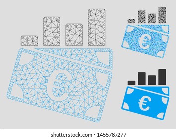 Mesh Euro sales chart model with triangle mosaic icon. Wire carcass triangular network of Euro sales chart. Vector mosaic of triangle parts in variable sizes, and color hues.
