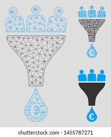 Mesh Euro sales funnel model with triangle mosaic icon. Wire frame polygonal mesh of Euro sales funnel. Vector mosaic of triangle elements in variable sizes, and color hues.