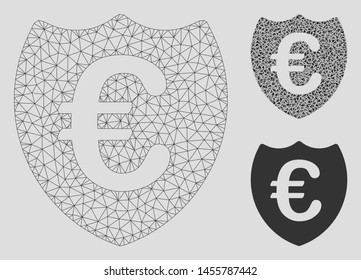 Mesh Euro shield model with triangle mosaic icon. Wire frame triangular mesh of Euro shield. Vector collage of triangle elements in various sizes, and color tones. Abstract 2d mesh Euro shield,