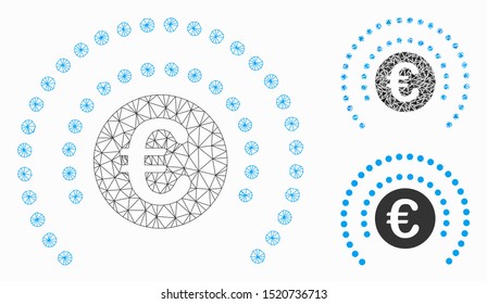 Mesh Euro shield sphere model with triangle mosaic icon. Wire carcass triangular mesh of Euro shield sphere. Vector mosaic of triangle elements in various sizes, and color tints.