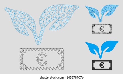 Mesh Euro startup sprout model with triangle mosaic icon. Wire carcass polygonal mesh of Euro startup sprout. Vector mosaic of triangle parts in variable sizes, and color tones.