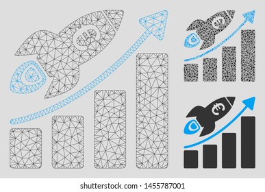 Mesh Euro success business start model with triangle mosaic icon. Wire frame triangular mesh of Euro success business start. Vector mosaic of triangle parts in various sizes, and color tinges.