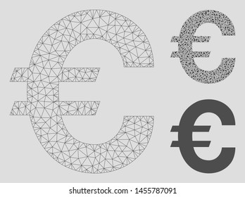 Mesh Euro symbol model with triangle mosaic icon. Wire carcass triangular mesh of Euro symbol. Vector collage of triangle parts in different sizes, and color shades. Abstract flat mesh Euro symbol,