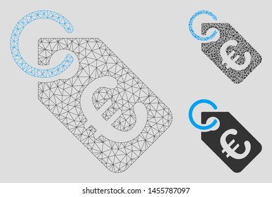 Mesh Euro tag model with triangle mosaic icon. Wire frame polygonal mesh of Euro tag. Vector mosaic of triangle parts in different sizes, and color tinges. Abstract flat mesh Euro tag,
