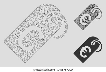 Mesh Euro tag model with triangle mosaic icon. Wire carcass triangular mesh of Euro tag. Vector mosaic of triangle parts in variable sizes, and color tints. Abstract flat mesh Euro tag,